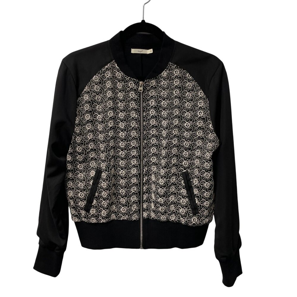 HAZEL BOMBER JACKET FLORAL EMBROIDERED LACE SIZE S FULL ZIP POCKETS BLACK CREAM